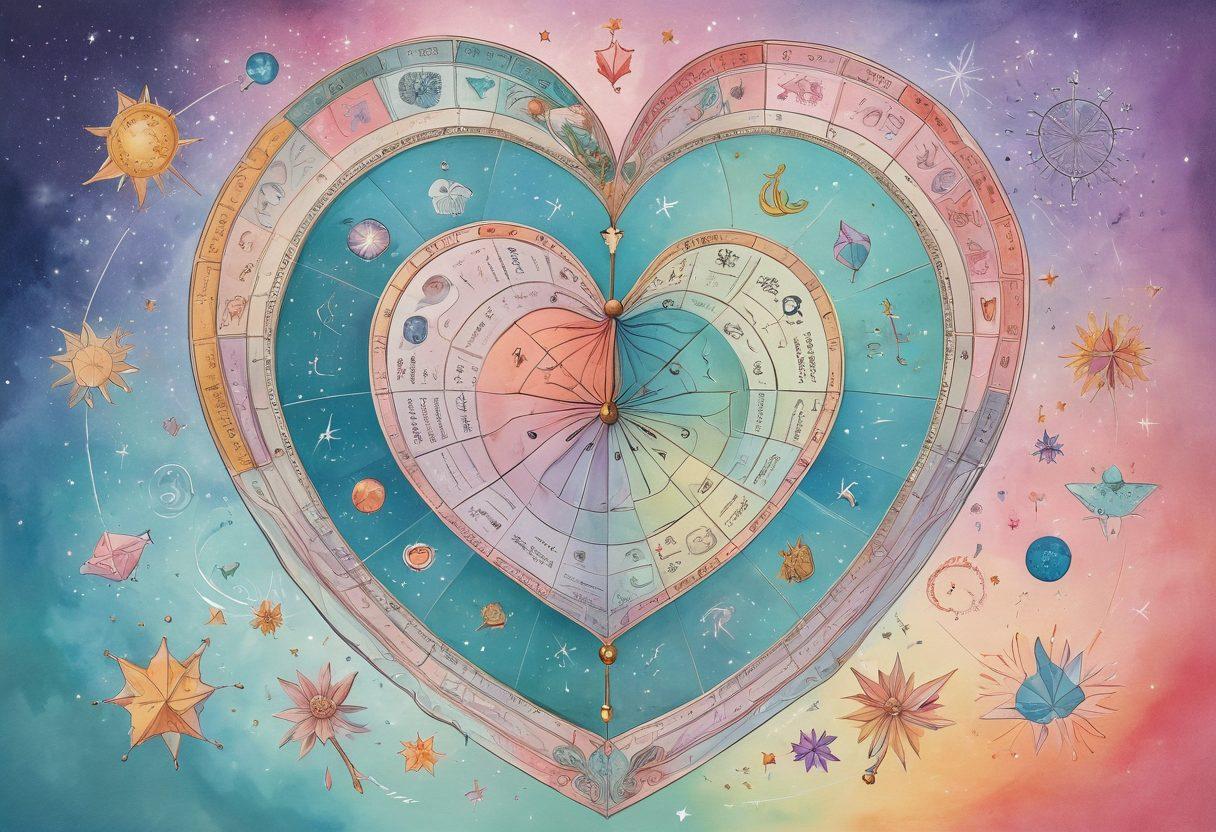 A whimsical illustration depicting a heart-shaped astrological chart intertwined with insurance symbols, like a safety umbrella and policy documents. Include celestial elements like stars and zodiac signs around the heart, symbolizing harmony and balance. The background should be ethereal, blending soft pastel colors with a touch of cosmic elements. The overall tone should evoke a sense of love and security. vibrant colors. dreamy style.