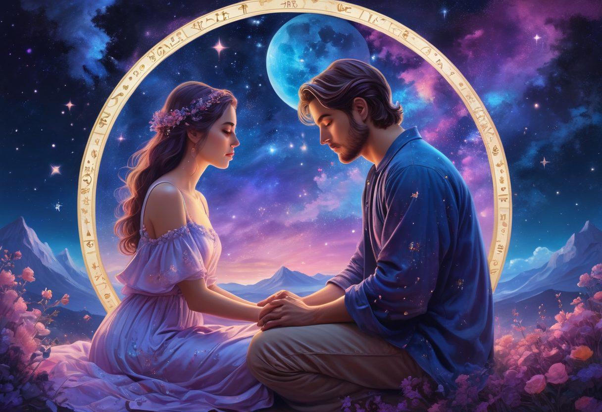 A cosmic-themed illustration featuring a serene couple gazing at a starry night sky filled with zodiac constellations, surrounded by astrological symbols and tarot cards. Incorporate a soft glow effect on the stars and symbols to convey a sense of magic and destiny. The background should have a dreamy, ethereal atmosphere, blending blues and purples to highlight the theme of love and compatibility. Include delicate floral accents to symbolize growth and harmony between partners. digital painting. vibrant colors. fantasy style.