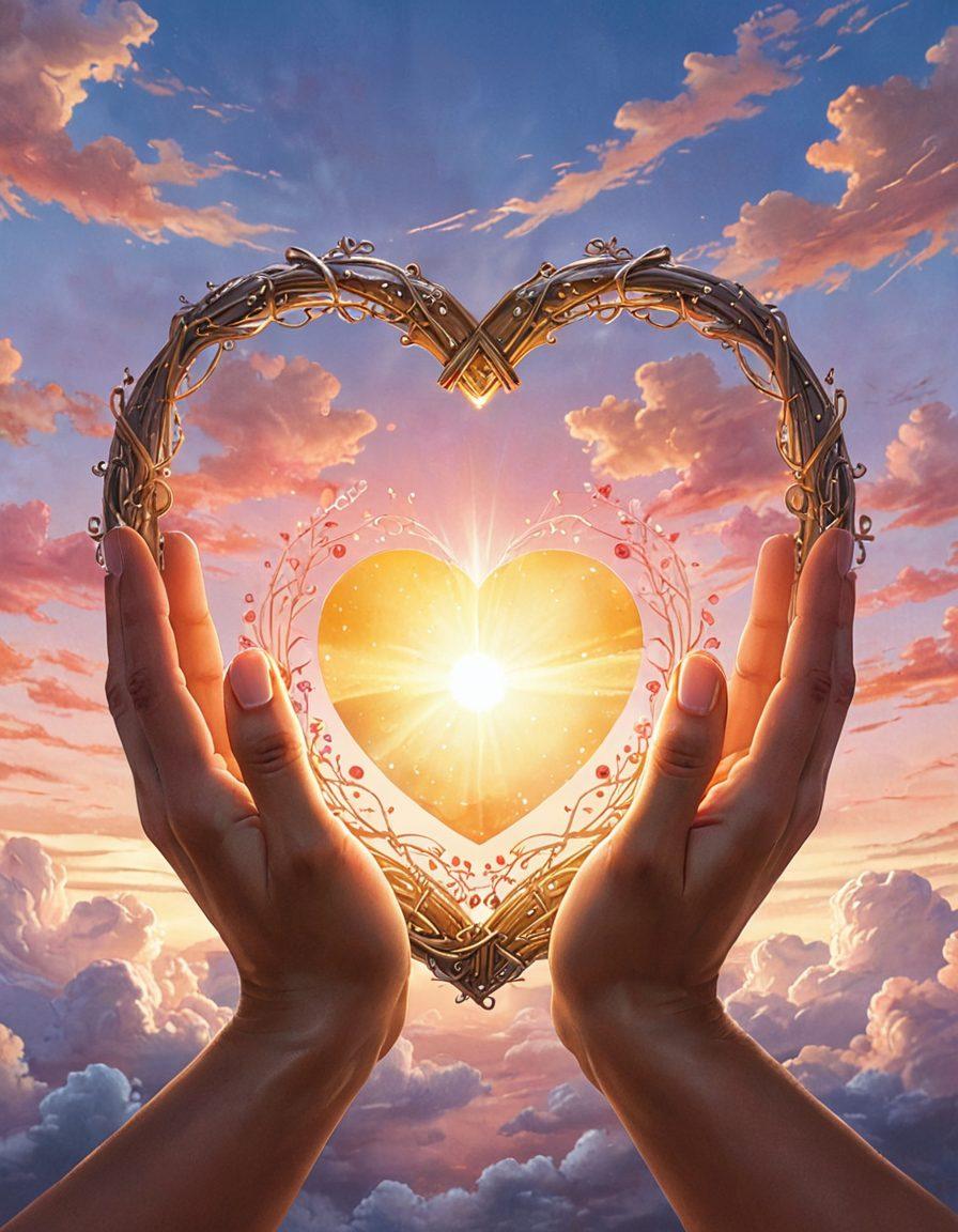 An artistic representation of two intertwined hands forming a protective shield around a glowing heart, symbolizing the strength of relationships fostered by insurance. Incorporate elements like coins and a lock to signify fortune and security, with soft, inviting colors to enhance warmth. The background should have a dreamy sky with hints of golden light to elevate a feeling of hope and protection. digital painting. warm tones. whimsical.